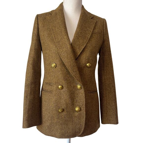 J.Crew Bristol Double Breasted Wool Herringbone Blazer Jacket Brown Size 00 - Picture 2 of 8